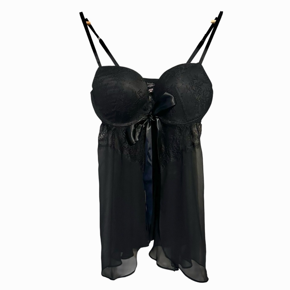 Victoria’s Secret Black Lace Babydoll 36D Lingerie Sheer Bow Romanticcore